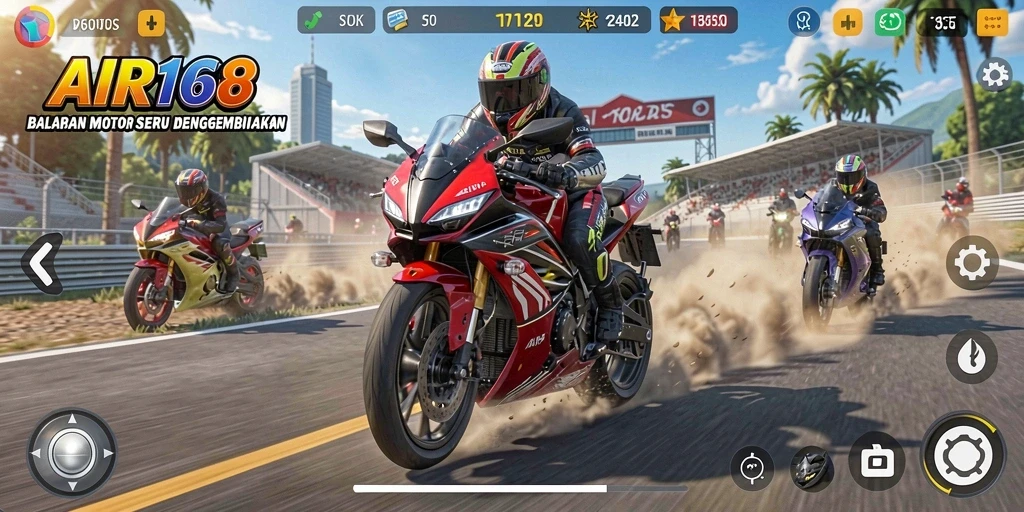 Screenshot gameplay <strong>AIR168</strong> menampilkan balapan motor yang intens dan menegangkan.