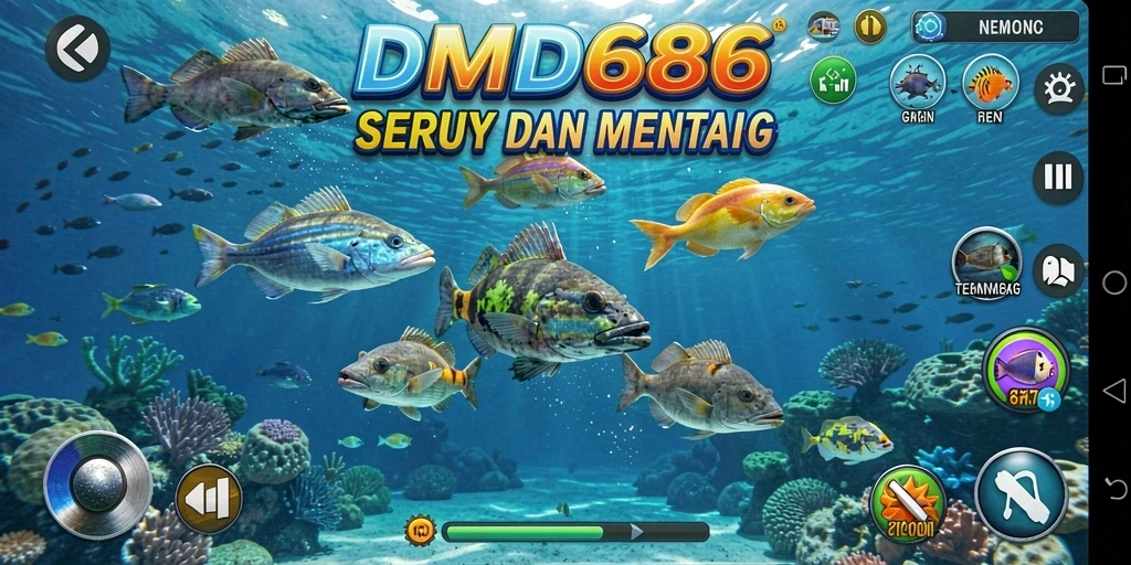 Screenshot DMD686 menampilkan aksi seru dalam menembak ikan.