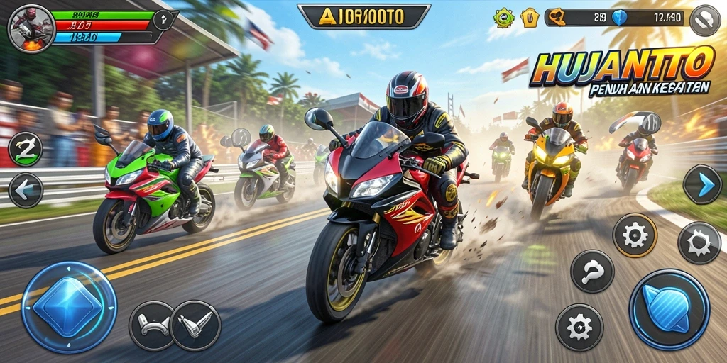 Gameplay balapan seru dalam HUJANTOTO dengan motor kencang.