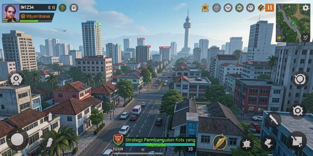 Tangkapan layar utama IN1234 menampilkan pembangunan kota yang strategis.