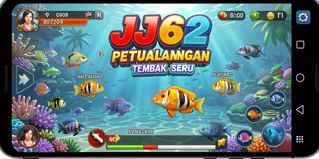 Screenshot gameplay mendebarkan dari JJ62 saat menembak ikan.