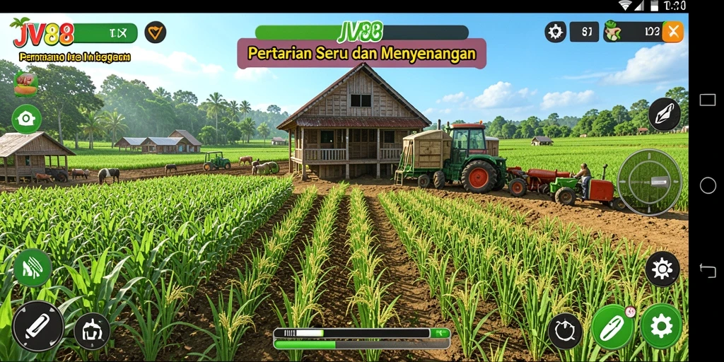 Screenshot gameplay JV88 dengan aktivitas bertani yang menyenangkan.