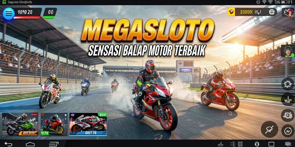 Screenshot gameplay MEGASLOTO menampilkan aksi balap motor yang mendebarkan.