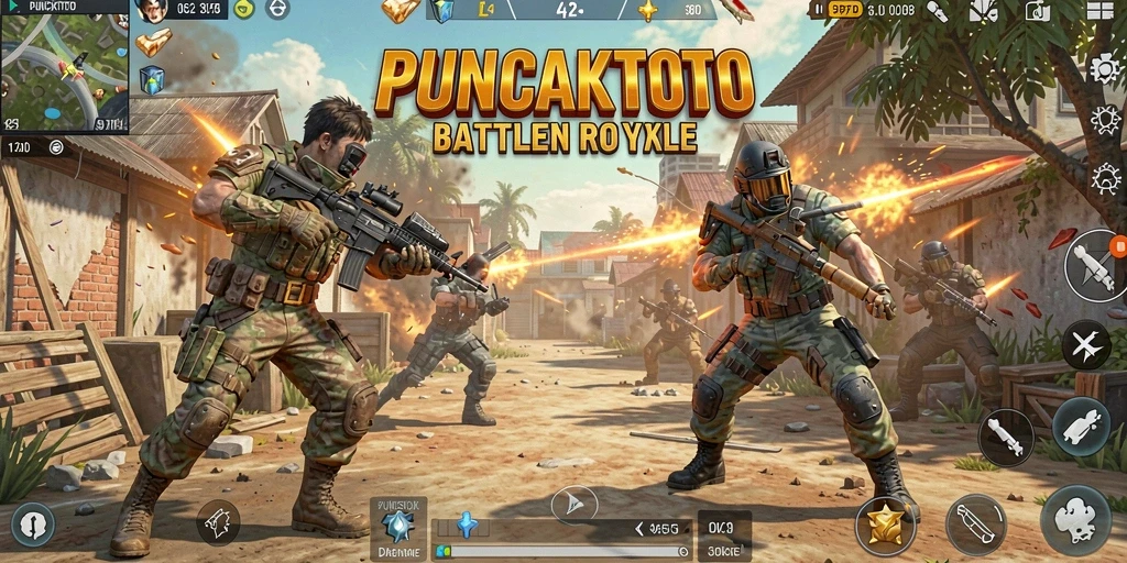 Screenshot utama menampilkan aksi mendebarkan dalam game Battle Royale.