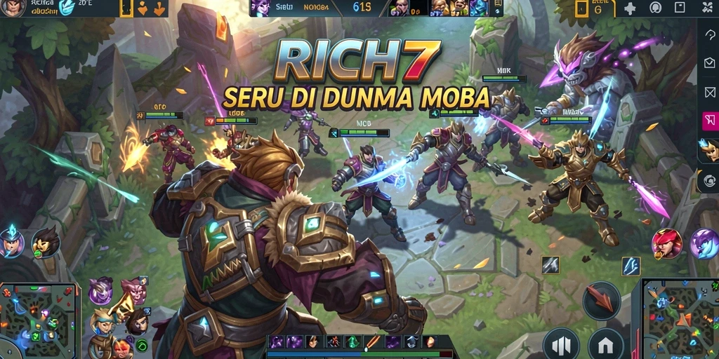 Tangkapan layar permainan RICH7 menampilkan aksi pertarungan MOBA yang mendebarkan.