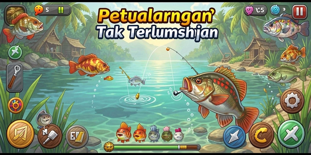 Screenshot VC5 menunjukkan pemain asyik menangkap ikan di laut yang biru.