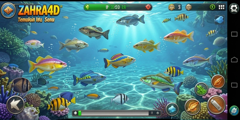 Gameplay memukau dari ZAHRA4D saat menembak ikan di lautan.